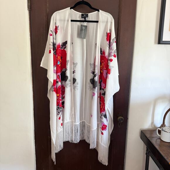 CURATIONS | Black Red and White Fringe Trimmed Kimono Swim cover up | 2x - 3X - Picture 1 of 6